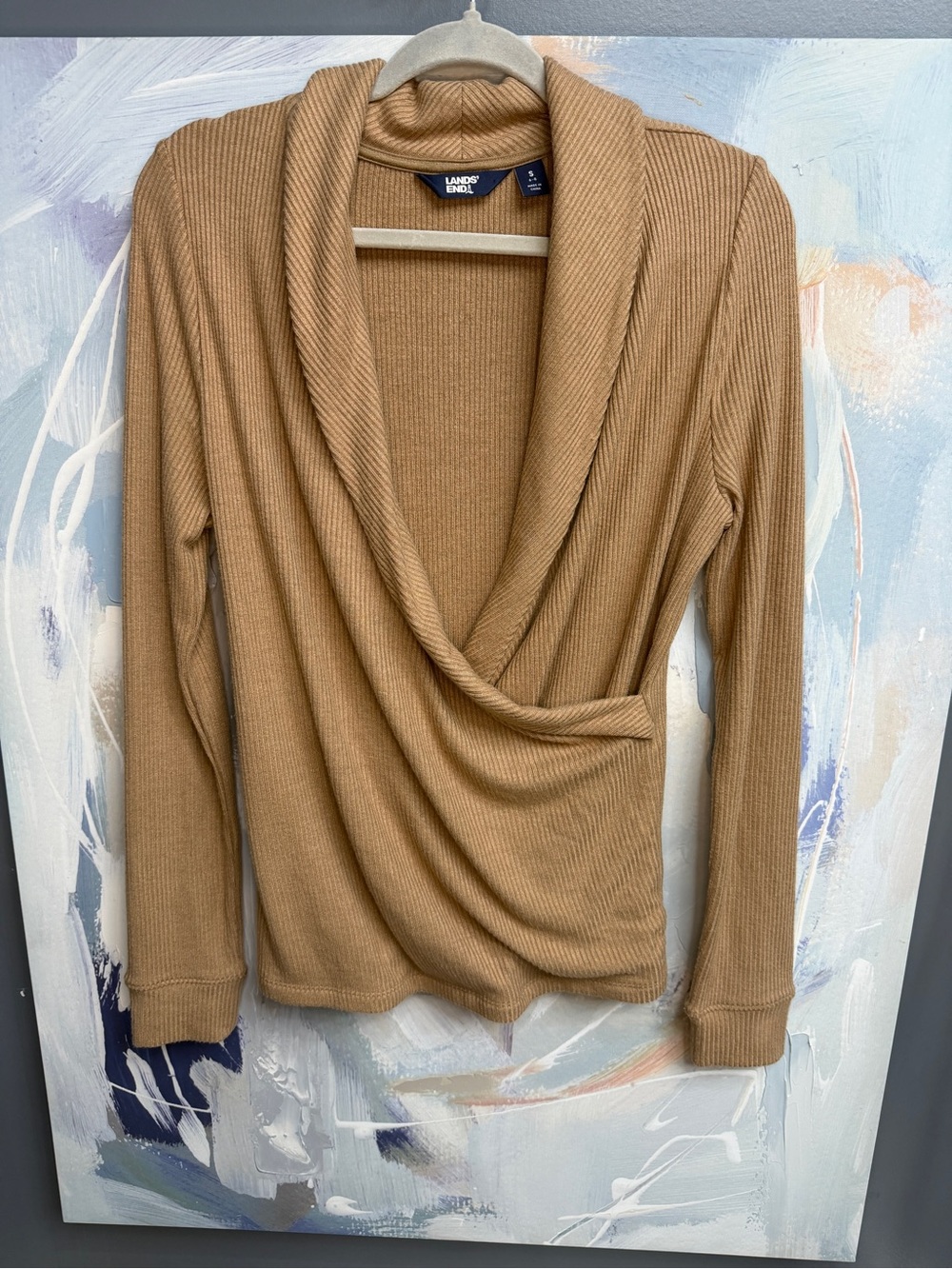 Lands’ End Ribbed Wrap Cardigan Sweater Tan Camel Draped Shawl Collar S 1124